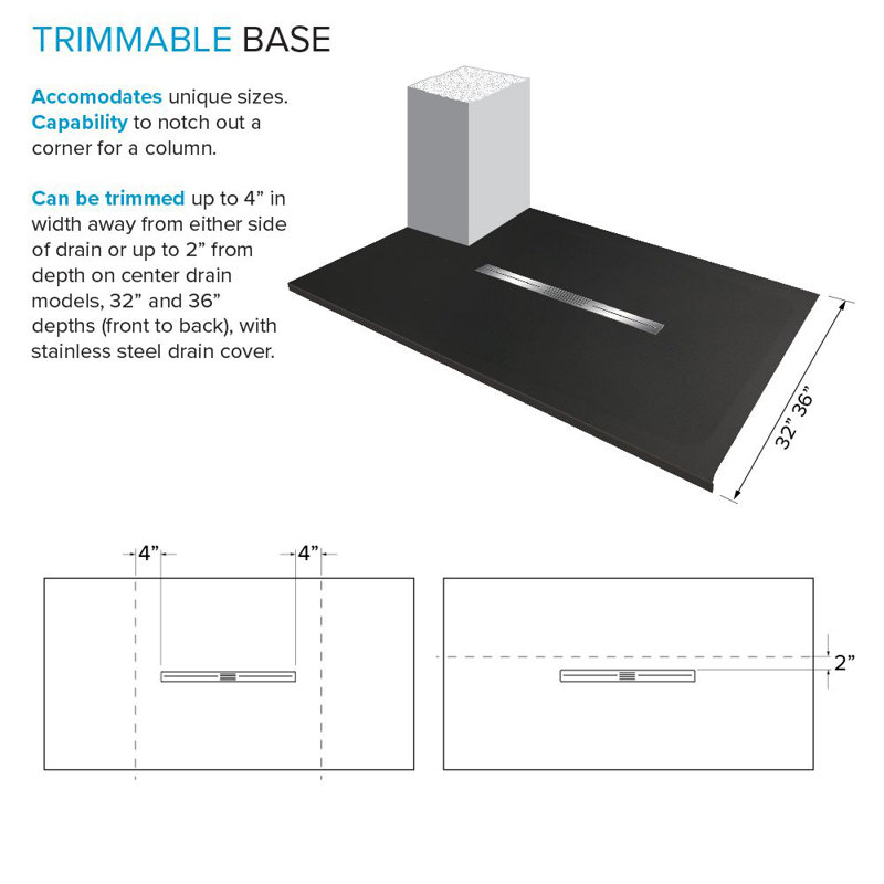 Transolid Trimslate 60-in x 48-in Shower Base with Adjustable Double Threshold and Center Drain, Black