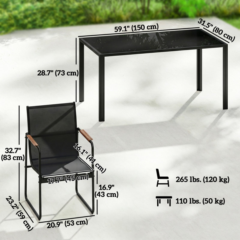 Ensemble repas d'extérieur 7 pièces, table de patio et chaises pour 6, noir