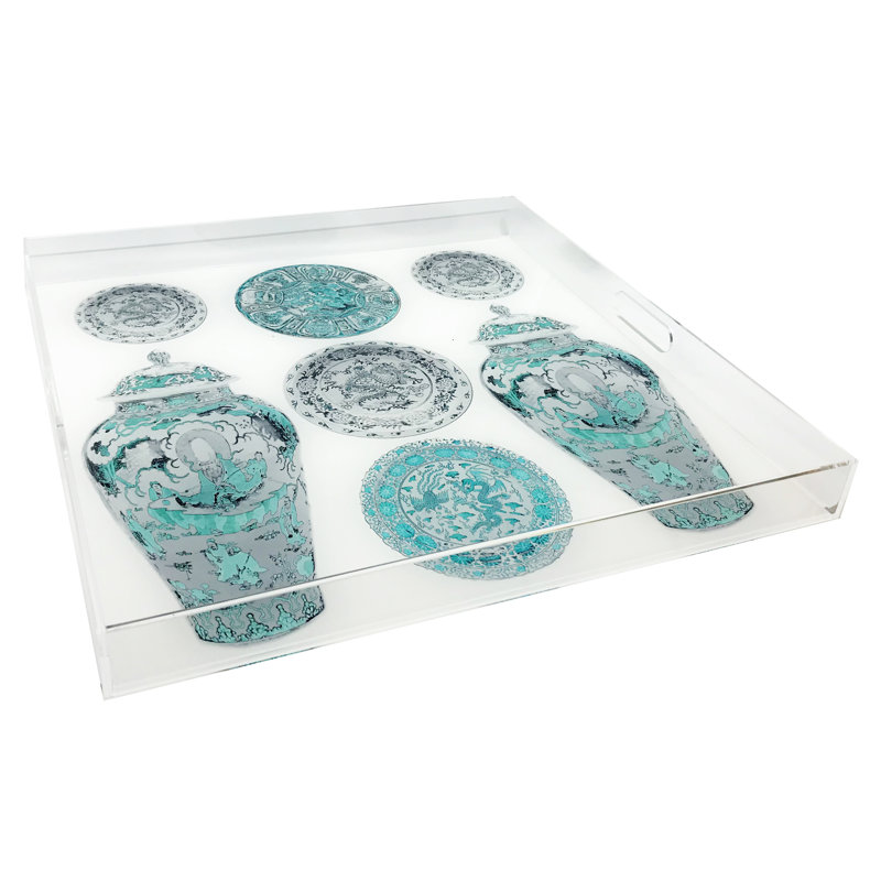 Chinoise Ceramic Acrylic Square Decorative Tray, Cerulean