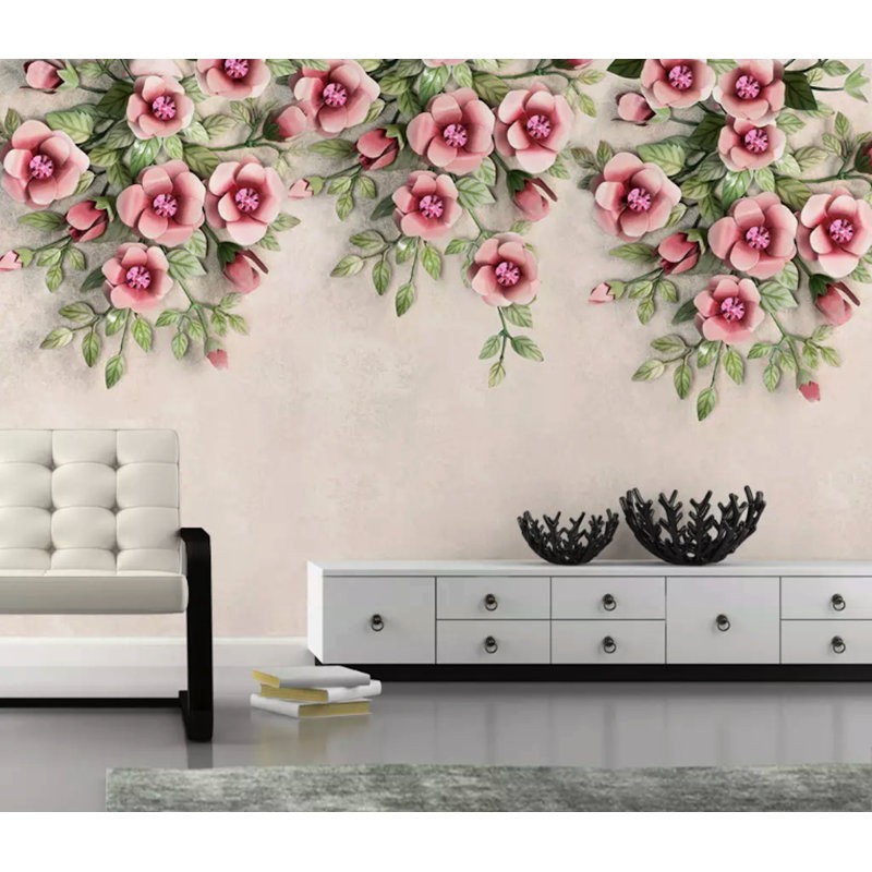 Papier peint amovible floral fleurs roses, L 75 po x l 112 po