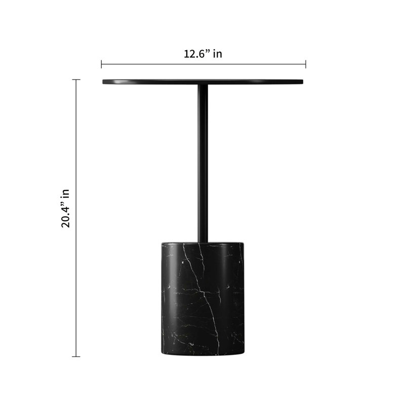 Table de bout ronde à piédestal en acier noir et marbre 20 po