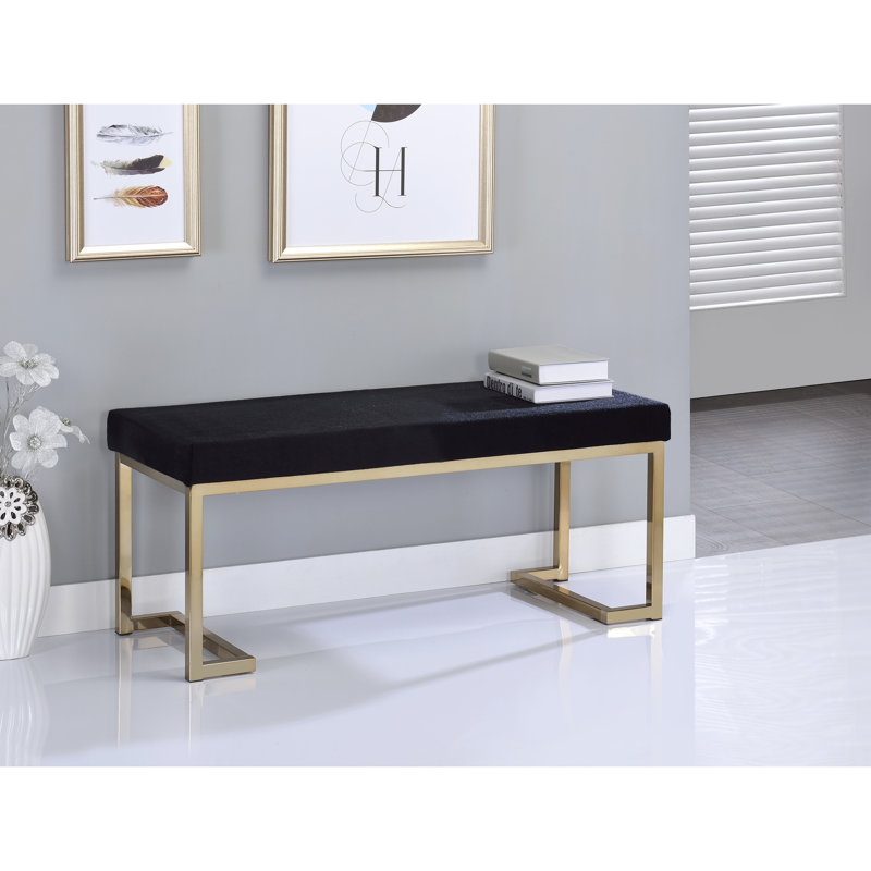 Chic Black Bench With 100% Cover And Base Contemporary Faux Fur & Champagne Finish. Seat, Cushioned. Rectangular Armless Backless Form. "C" Metal In. Transforms Room Look. 15.78"D X