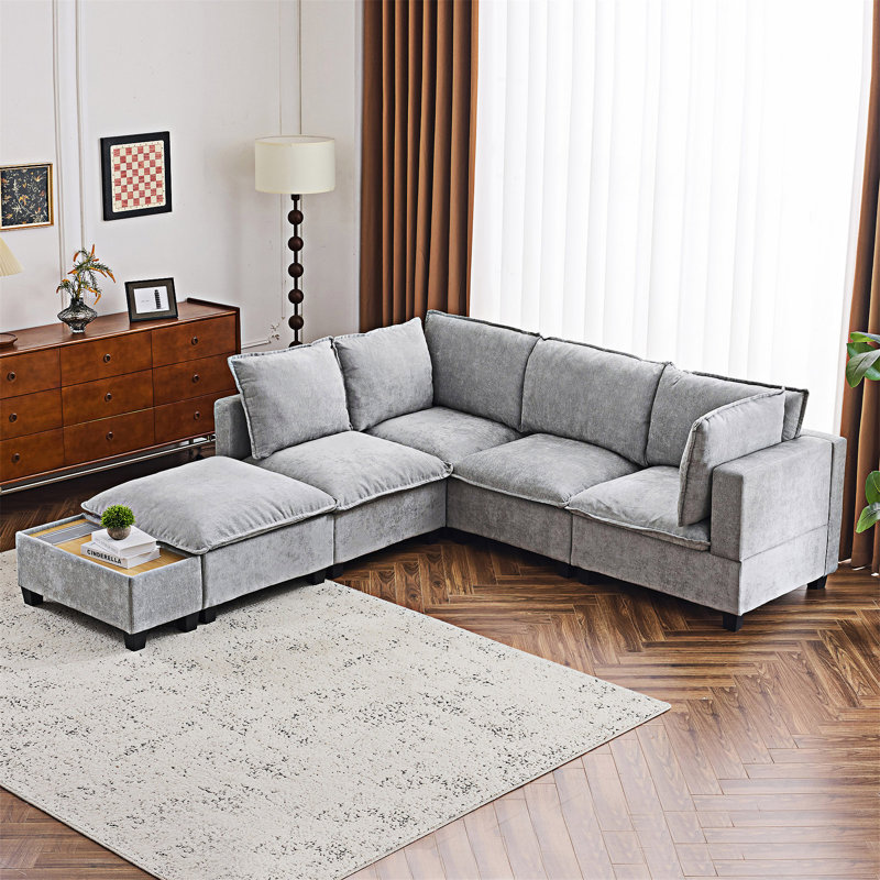 Canapé modulaire modulaire avec repose-pieds mobile et table basse, Gris chenille
