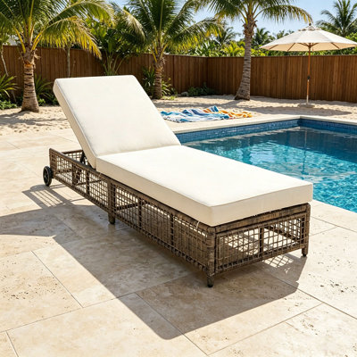 Méridienne d'extérieur, méridienne de patio avec dossier à 5 positions, méridienne d'extérieur en rotin avec coussin et roulettes pour piscine, jardin et jardin