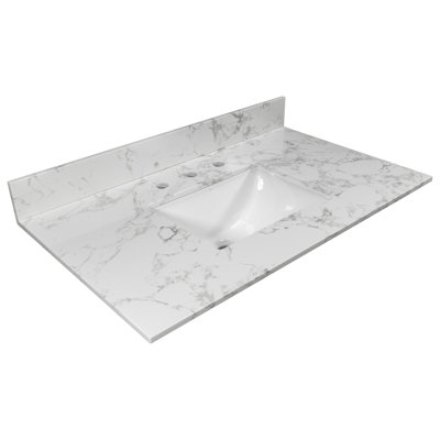31Inch Bathroom Vanity Top - White Stone With Rectangle Ceramic Sink And Back Splash 8-Inch Widespread Faucet Ready Long-Lasting Stylish 31" Marble Undermount Splash, Easy To Install, Creates A