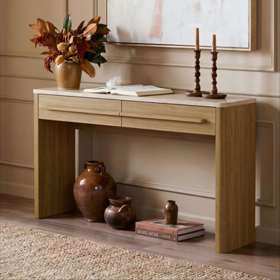 Bramwell 47.24"W Wood Console Table with Travertine Stone-Look Tabletop