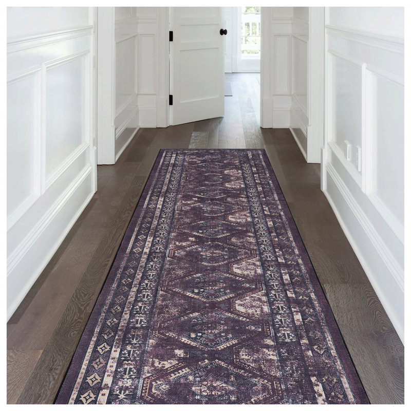 MAVAL Vintage Boho Runner Rug - Machine Washable, Non-Slip Black & Burgundy Hallway Carpet