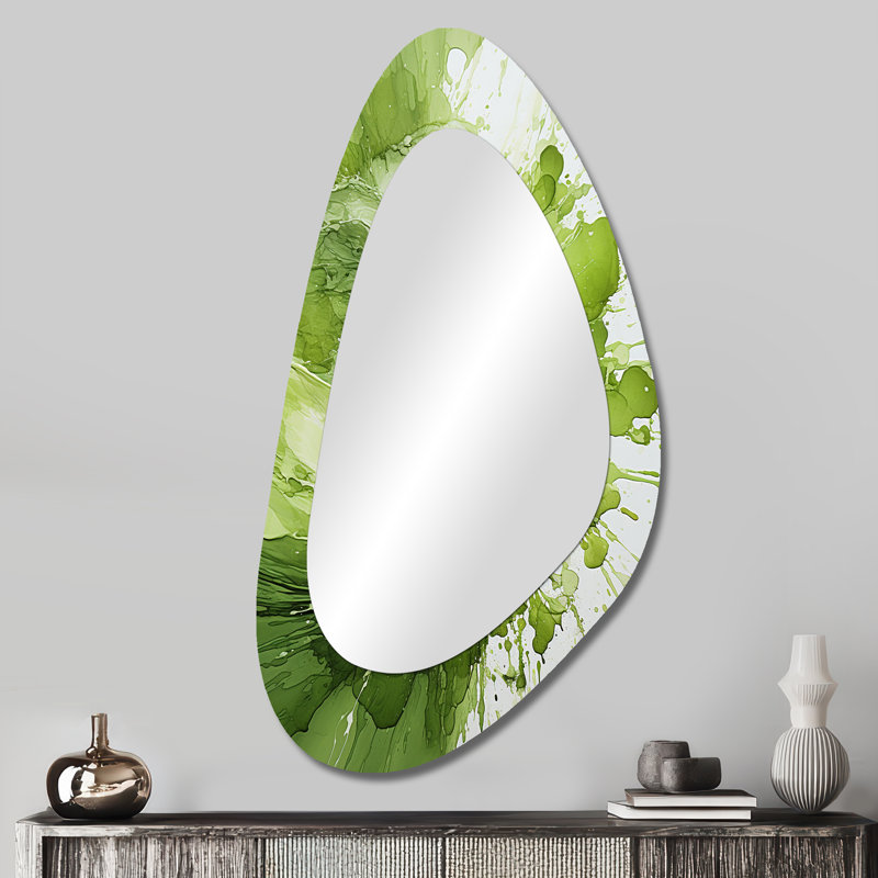 Ringgold vert et blanc avec spirale abstraite IV - miroir à forme irrégulière spirales abstraites, miroir mural asymétrique vert