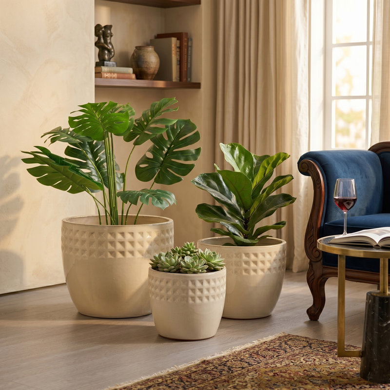 Pot de fleurs en céramique fait à la main avec drainage et relief en losange (ensemble de 3)