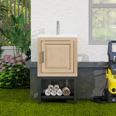 Petit meuble-lavabo de 20 po avec lavabo et robinet d'eau chaude et froide, armoire de salle de bain autoportante avec lavabo en céramique blanche, rangement pour salle de bain avec 1 porte et tablette ouverte en fer