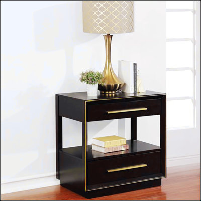 Stylish And Functional Nightstand With Two Drawers And A Storage Shelf, Featuring A Smoke Peppercorn Finish And Gold Trim.