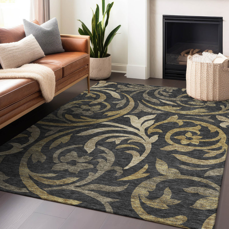 Premium Machine Washable Prisco Black Rug, Rectangle 3' x 5'