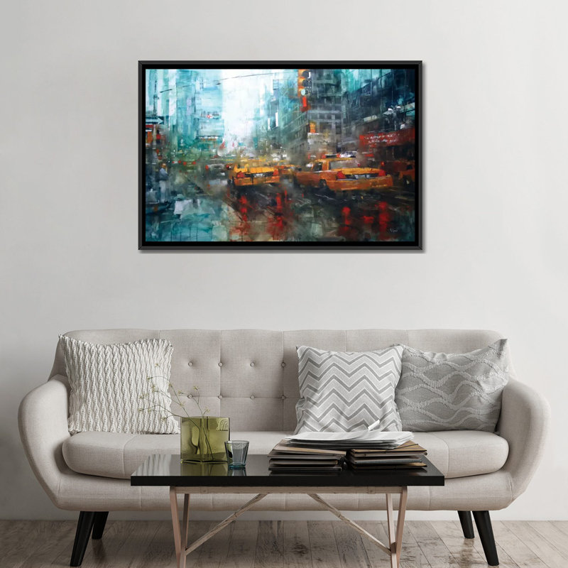 « times square réflexions », impression sur toile tendue, Toile avec cadre noir, Pas de tapis, H 32 po x l 48 po x P 1,5 po