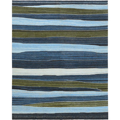 Tapis bleu / vert en laine noué à la main de conception unique 9 pi 7 po x 11 pi 10 po New Age Featherly