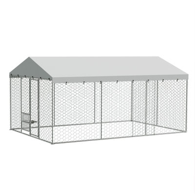 Grand chenil d'extérieur pour chien de 15 x 10 pi avec auvent, structure en acier galvanisé robuste, couvercle imperméable, bols à nourriture surélevés intégrés, parc pour animaux de compagnie verrouillable à l'épreuve des fuites pour grands chiens et plusieurs animaux
