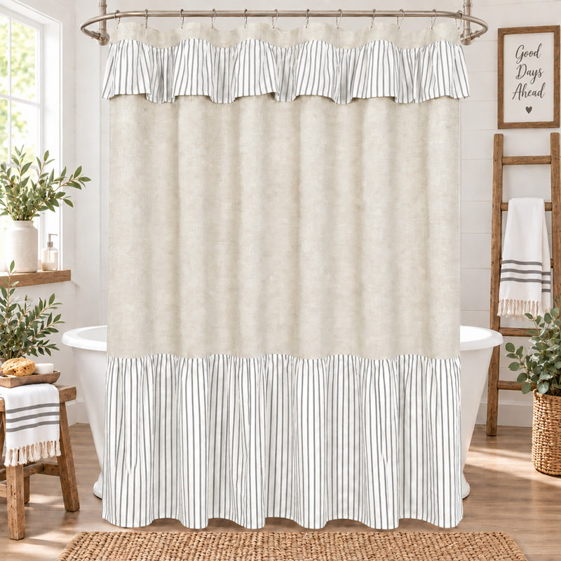Rideau de douche à volants de style ferme, patchwork rayé lin et gris, décoration naturelle de salle de bain, tissage texturé pour salles de bain modernes et shabby chic, 183 x 183 cm