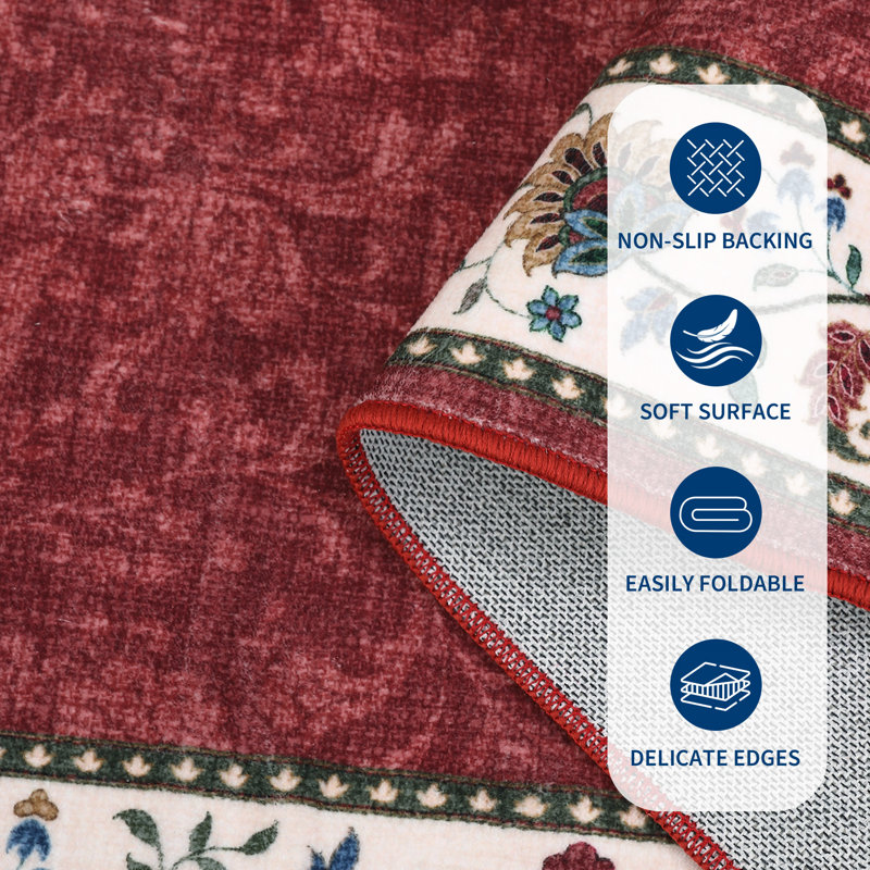 Area Rug 8x10 Washable Rug for Living Room Non Slip, Border Floral Carpet, Soft Non Shedding Stain-Resistant Floor Covering, Low Pile Neutral Printed Mats for Dining Rooms Offices, Red