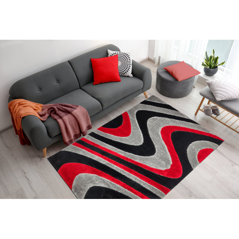 Tapis à poils longs rouge et noir, Rectangle 5 pi 2 po x 7 pi 2 po