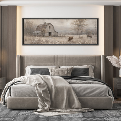 Vintage Farmhouse Field With Barn And Grazing Cattle Rural Landscape Wall Decor - Large Framed Canvas Master Bedroom Wall Art Print
