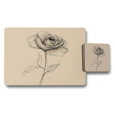 Artisan Rose Sketch Placemat And Coaster Set With Wood Base Designer Artwork Limited Edition