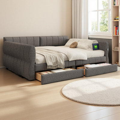 Grand lit plateforme tapissier avec port USB et 2 tiroirs