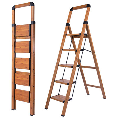 5-Step Folding Step Ladder,Aluminum with Woodgrain Finish & Anti-Slip Steps,330 lb. Capacity