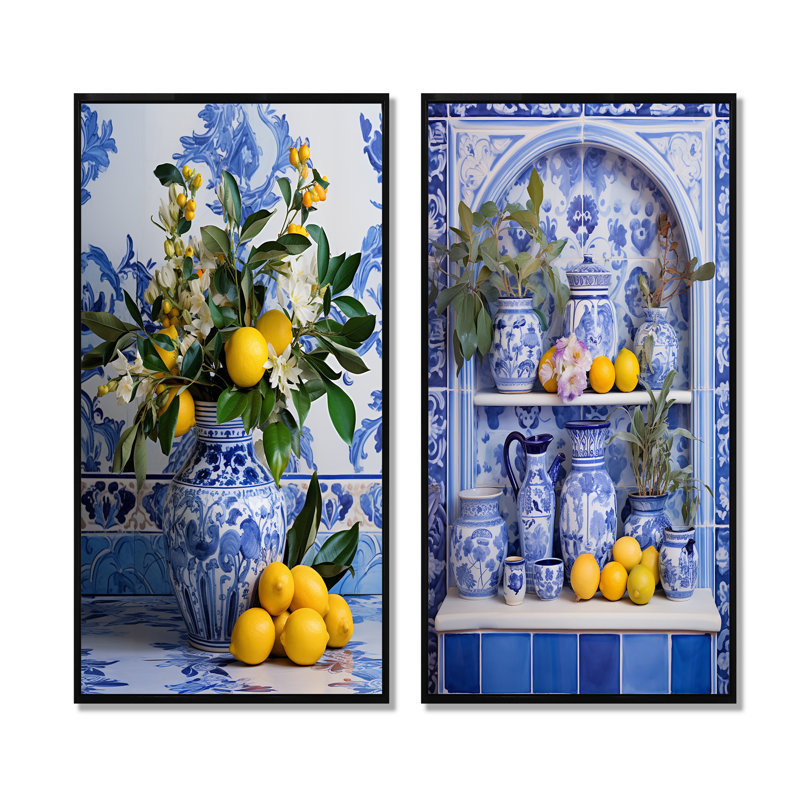 «Greek Tiles Still Life Kitchen II - Boho Pottery», ensemble de 2 reproductions d'art sur toile, Cadre flottant noir