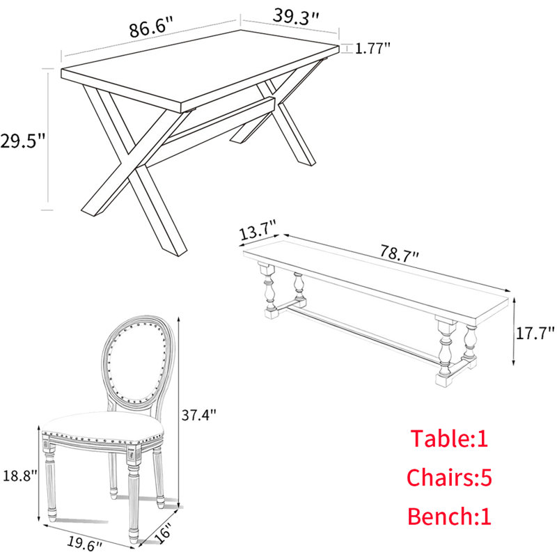 American Style Solid Wood Rectangular Dining Table, 29.5"H x 86.6"L x 39.3"W, 7 Pieces: Table, Bench, 5 Chairs