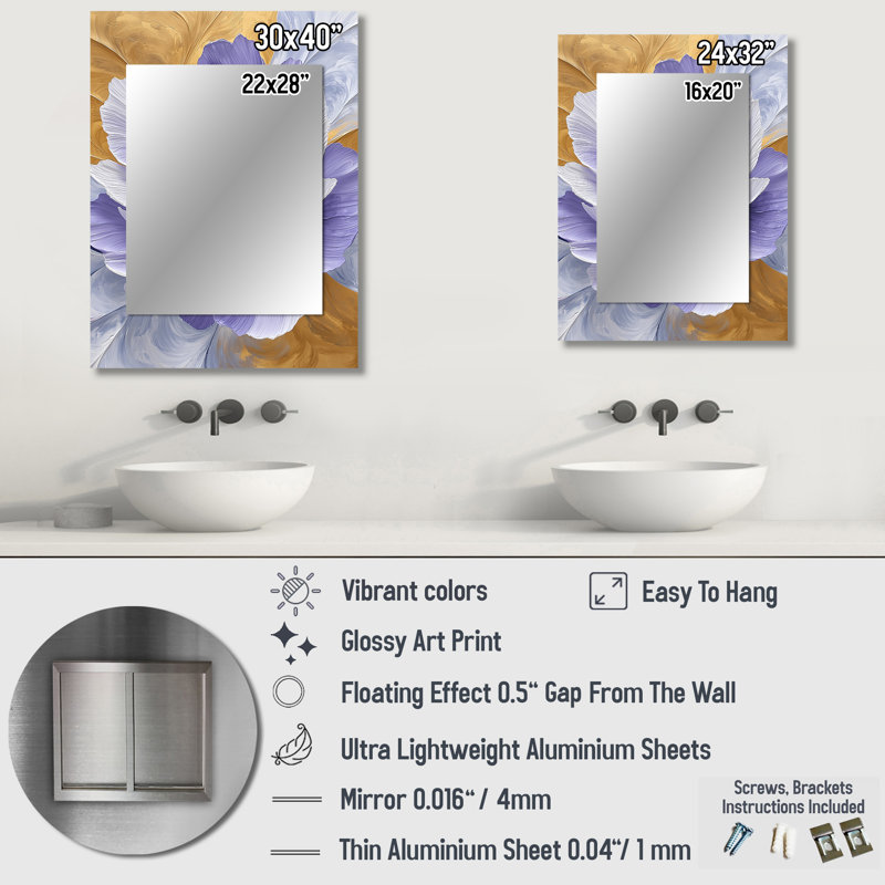 Lavender And Golden Balance Of Peonies Blossom II - Peony Unique Wall Mirror, Modern Mirror, Printed Metal Art, 40" x 30"