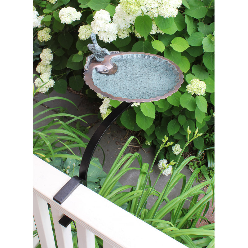 Verdigris Brass Scallop Shell Birdbath with Iron Rail Mount