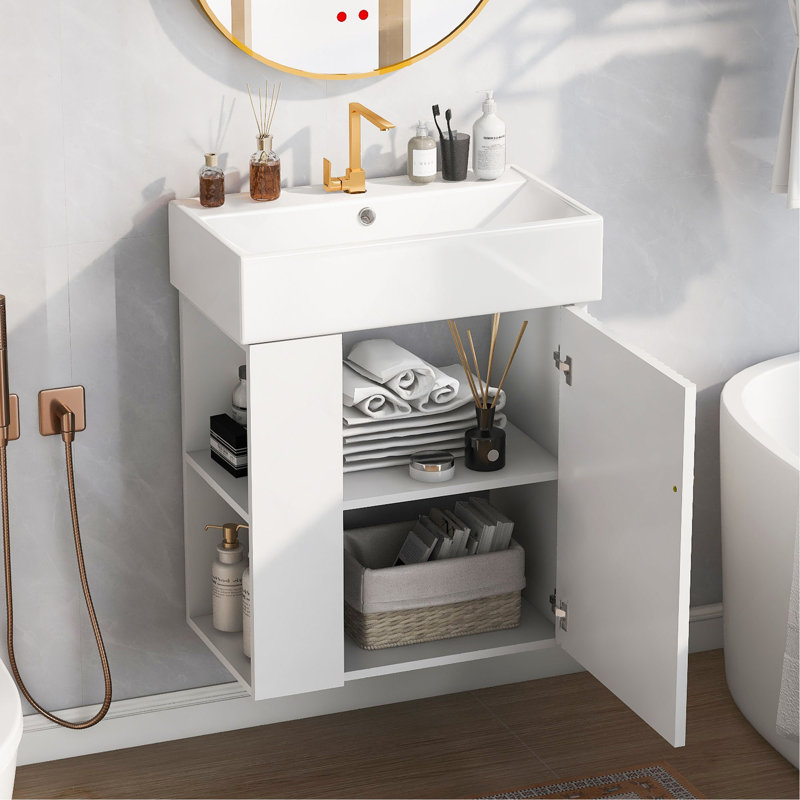 Meuble-lavabo moderne avec lavabo en céramique et porte à motif de vagues, Blanc