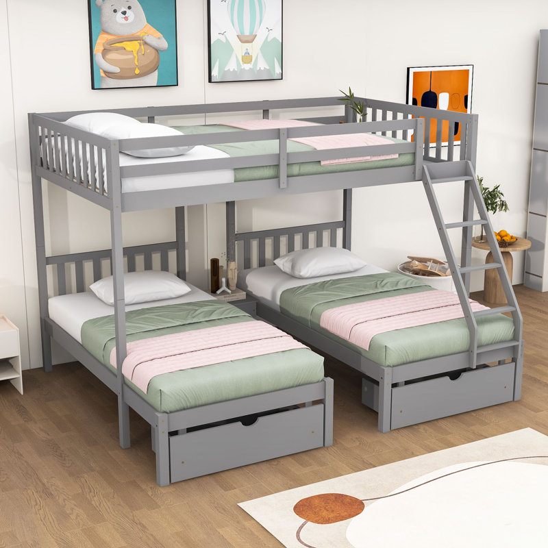 Enissa Full Over Twin & Twin 3 Drawers Wooden L-Shaped Bunk Beds, Gray