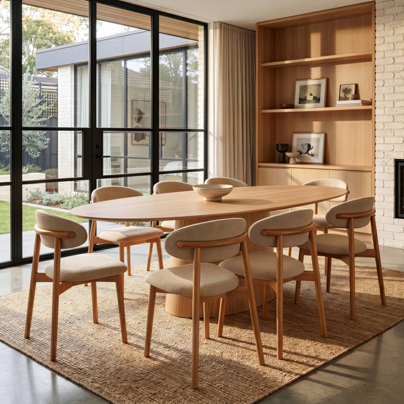 Table Adara en chêne et 8 chaises Agawam en avoine, 9 pièces : table, 8 chaises