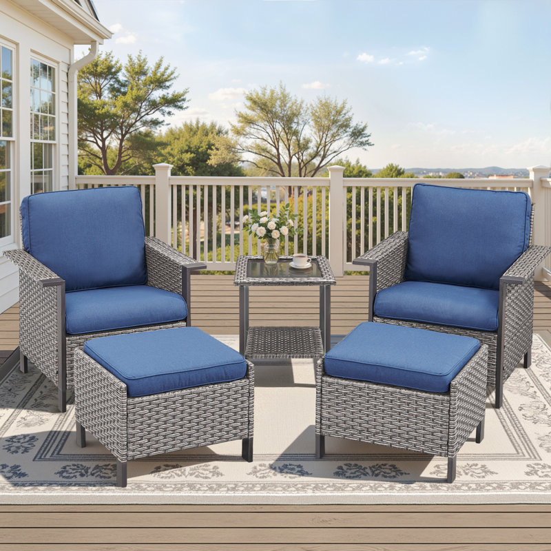 Coady All-Weather Wicker Outdoor Patio Wide Armrest Conversation Set With Side Table, Gray, Blue