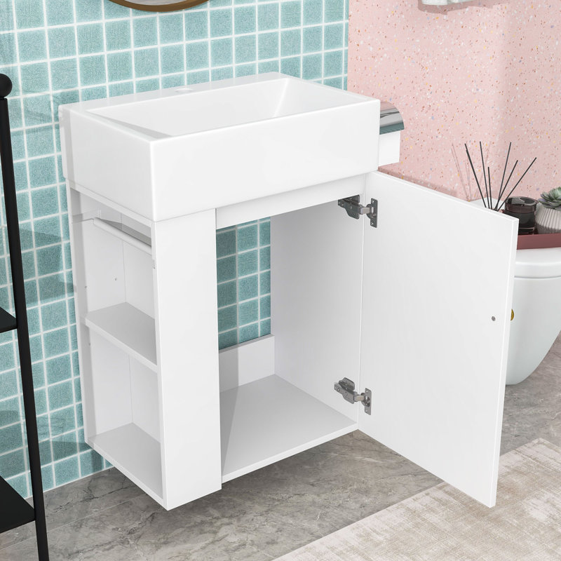 Meuble-lavabo compact avec lavabo en céramique, porte à losanges, tablette réglable et barre à serviettes intégrée, Blanc
