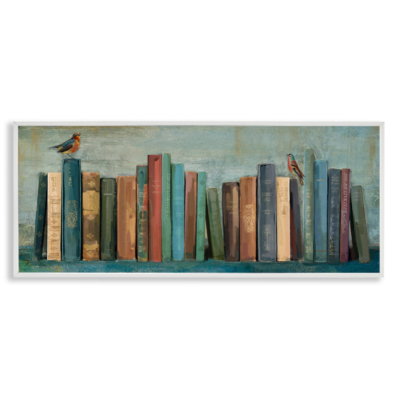 "Livres et oiseaux", peinture sur toile blanche encadrée par Main Line Studio, Giclée encadrée blanc bord de mer