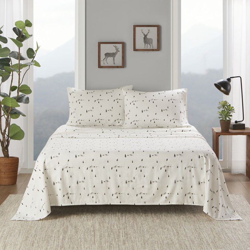 Ensemble de draps en flanelle 100% coton Woolrich, Ensemble de draps pour très grand lit avec 2 taie, Pins noirs