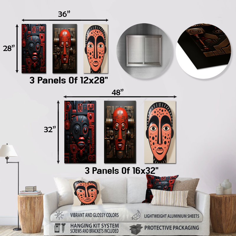 Masque africain Zulu Warrior II - ensemble de 3 décorations murales en métal, H 32 po x l 48 po