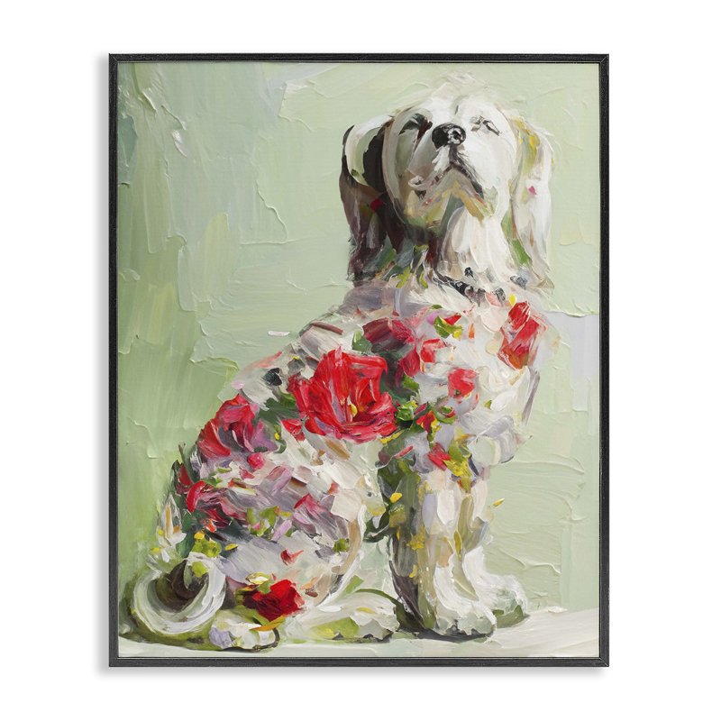 «Floral Daubed Dog», estampe numérique, conception par Lil 'Rue, H 14 po x l 11 po, Giclée encadrée noir minuit