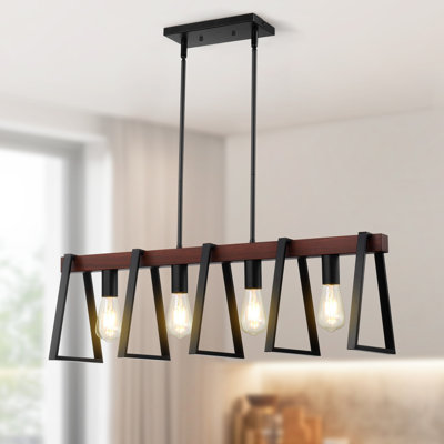 Suspension à 4 lumières pour îlot de cuisine, 60 W, luminaire réglable pour salle à manger avec 2 tiges de 15 cm et 6 tiges de 30 cm, culot E26, lustre linéaire de style ferme avec structure métallique industrielle.