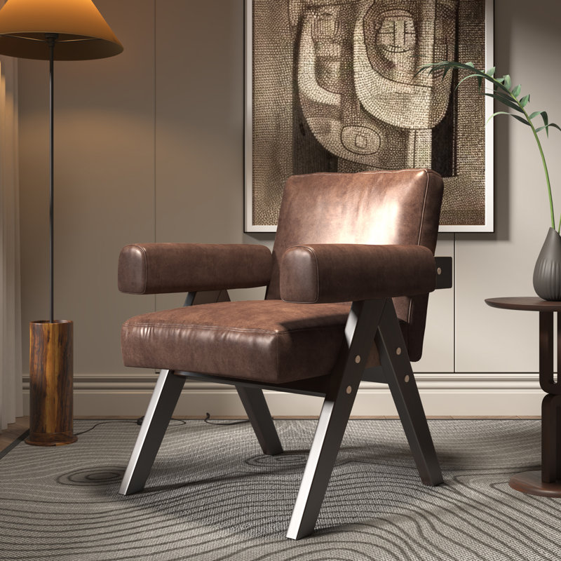 Mid-Century Modern 26.38"W Faux Leather Accent Chair, Vintage PU Leather Armchair with Solid Wood Frame and Upholstered Arms for Living Room, Bedroom & Office