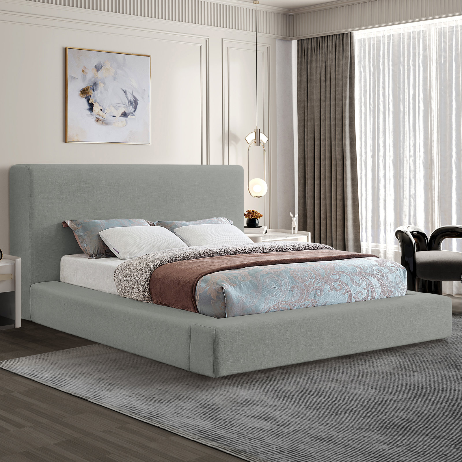 Ishia Velvet Upholstered Bed, Grey Linen, King
