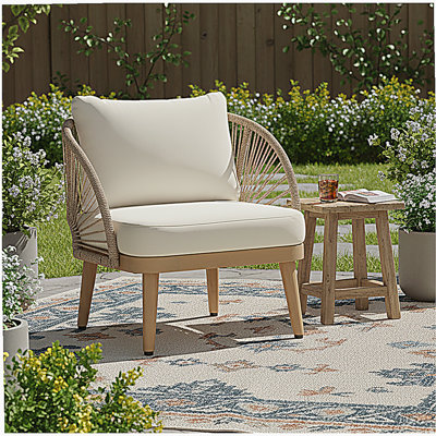 Fauteuil club d'extérieur en bois d'acacia, chaise de patio courbée avec accents en corde tissée à la main et coussin résistant aux intempéries