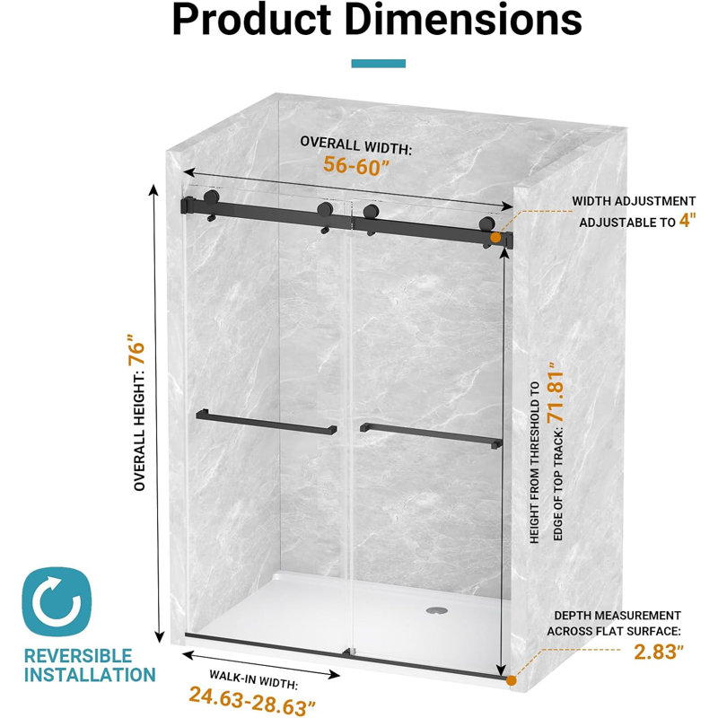 56–60" W x 76" H Frameless Double Sliding Shower Door with 5/16" (8mm) Tempered Glass and Quiet Soft-Close, Matte Black