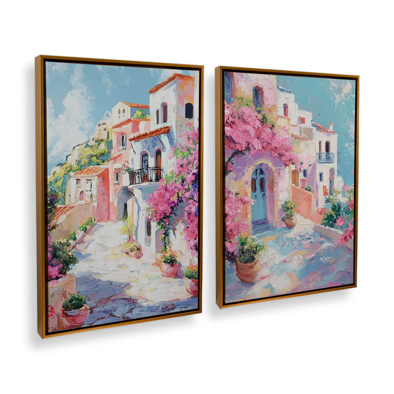 Ensemble de 2 impressions Amalfi Blooming Pathway, Cadre flottant or poli, 30 po x 20 po