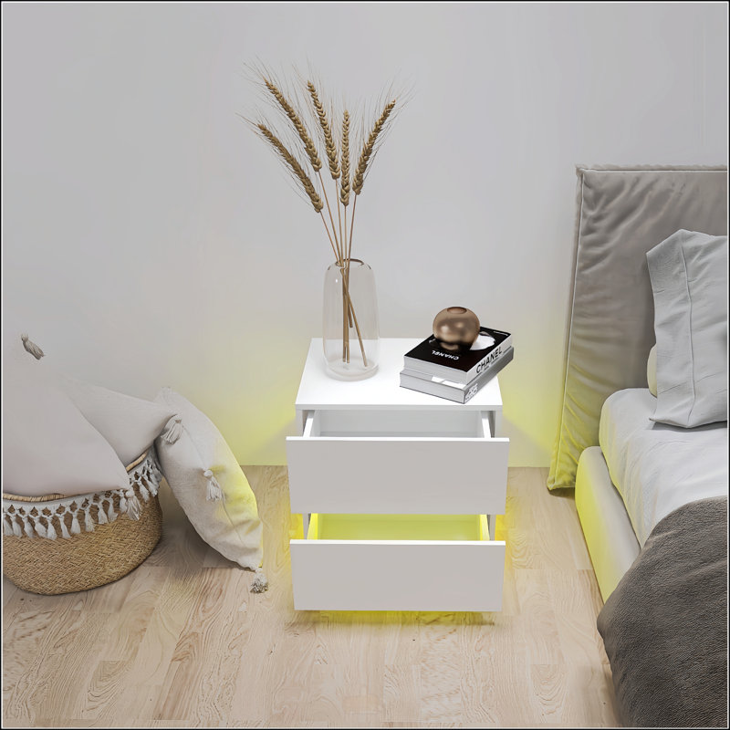 White High Glossy 2-Drawer Bedside Table With RGB LED Light And Bluetooth Control, Perfect For Modern Bedrooms