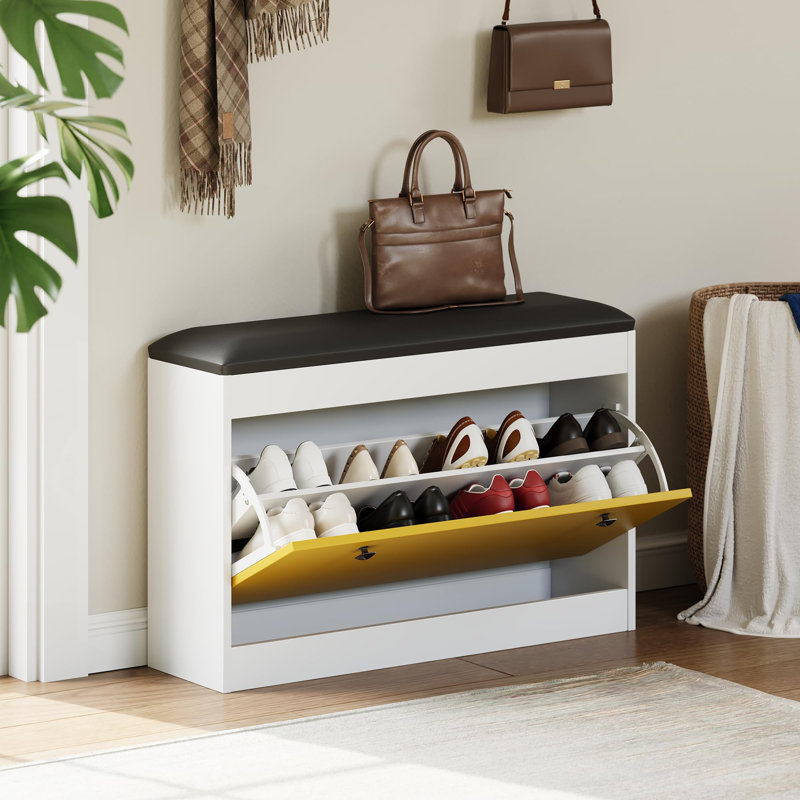 Banc de rangement pour chaussures 31,5 "avec tiroir rabattable et coussin en polyuréthane, range-chaussures moderne pour petits espaces