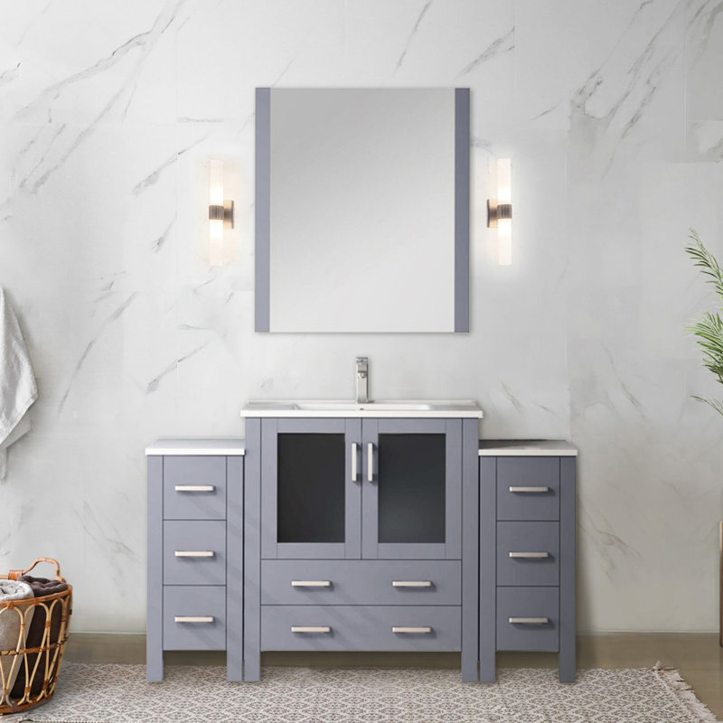 Meuble-lavabo simple gris foncé de 54 po Largeur, comptoir en céramique blanche, robinet, fermeture en douceur, et 8 tiroirs pour un grand espace de rangement intérieur gris avec plateau, robinet, tiroirs, surface de teinture