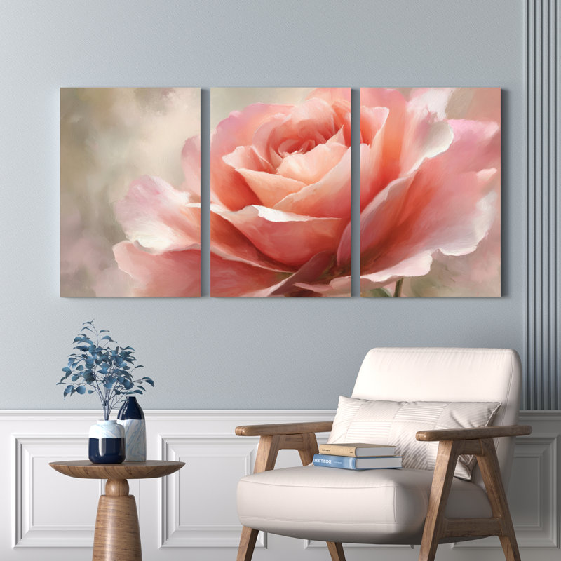 Ensemble de 3 tableaux muraux sur toile tendue, style floral rose rose, H 30 po x l 60 po