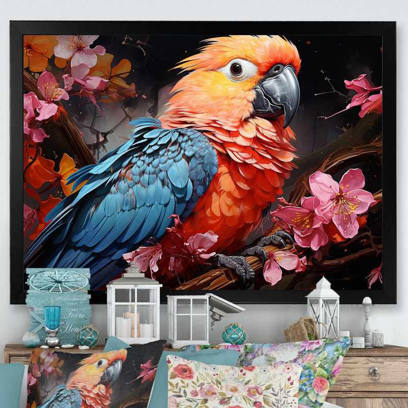 Perroquets Rhapsodie tropicale I, Cadre naturel flottant, H 24 po x l 32 po